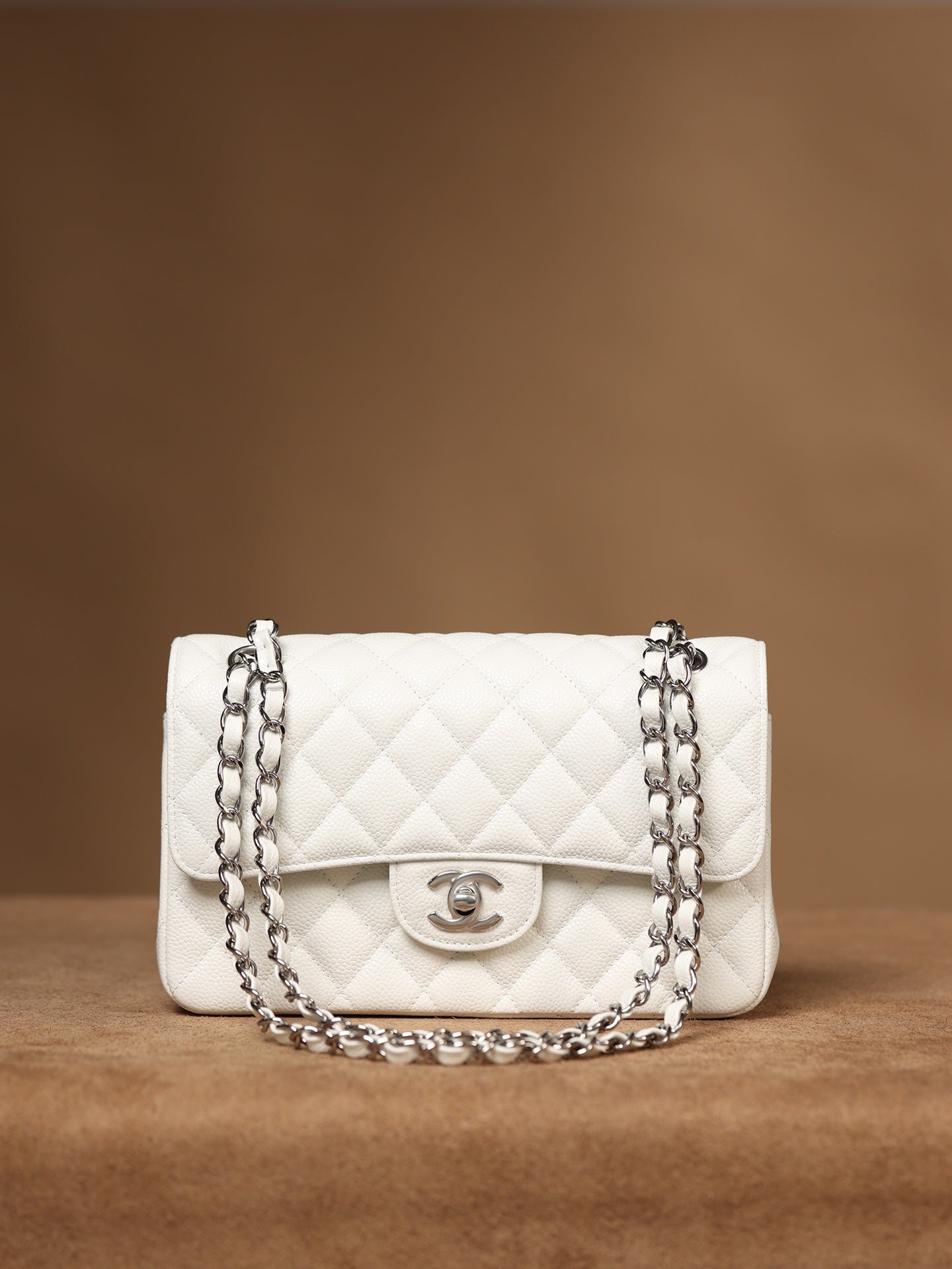 Caviar Quilted Medium Double Flap Bag – White