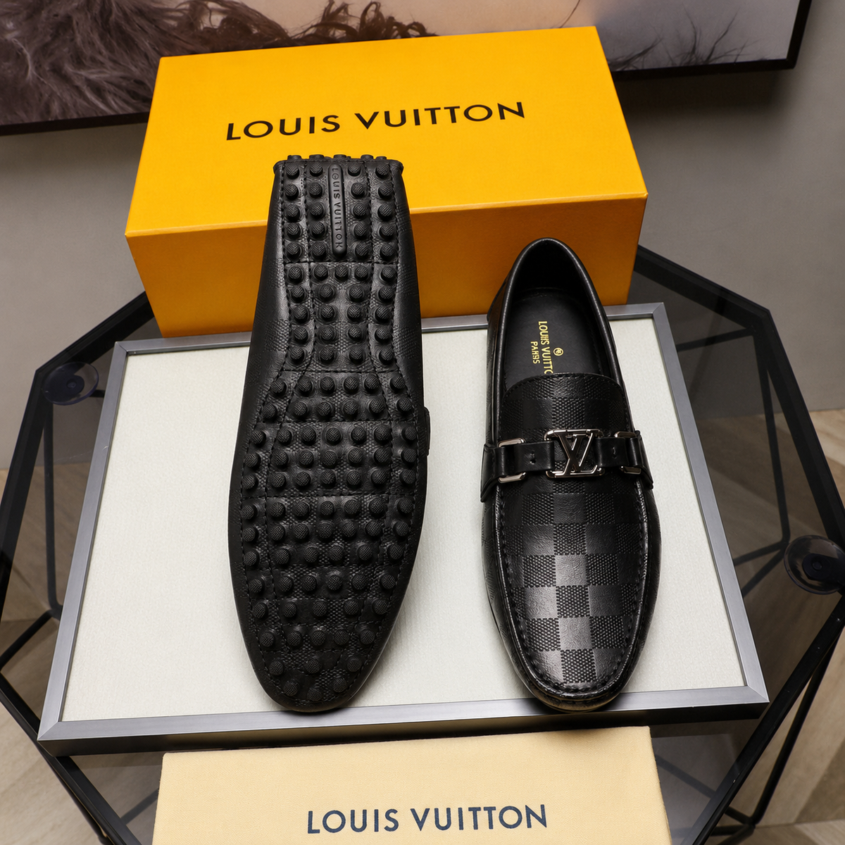 Black Checkered Metal Accent Loafers – Men's Slip-On Dress Shoes