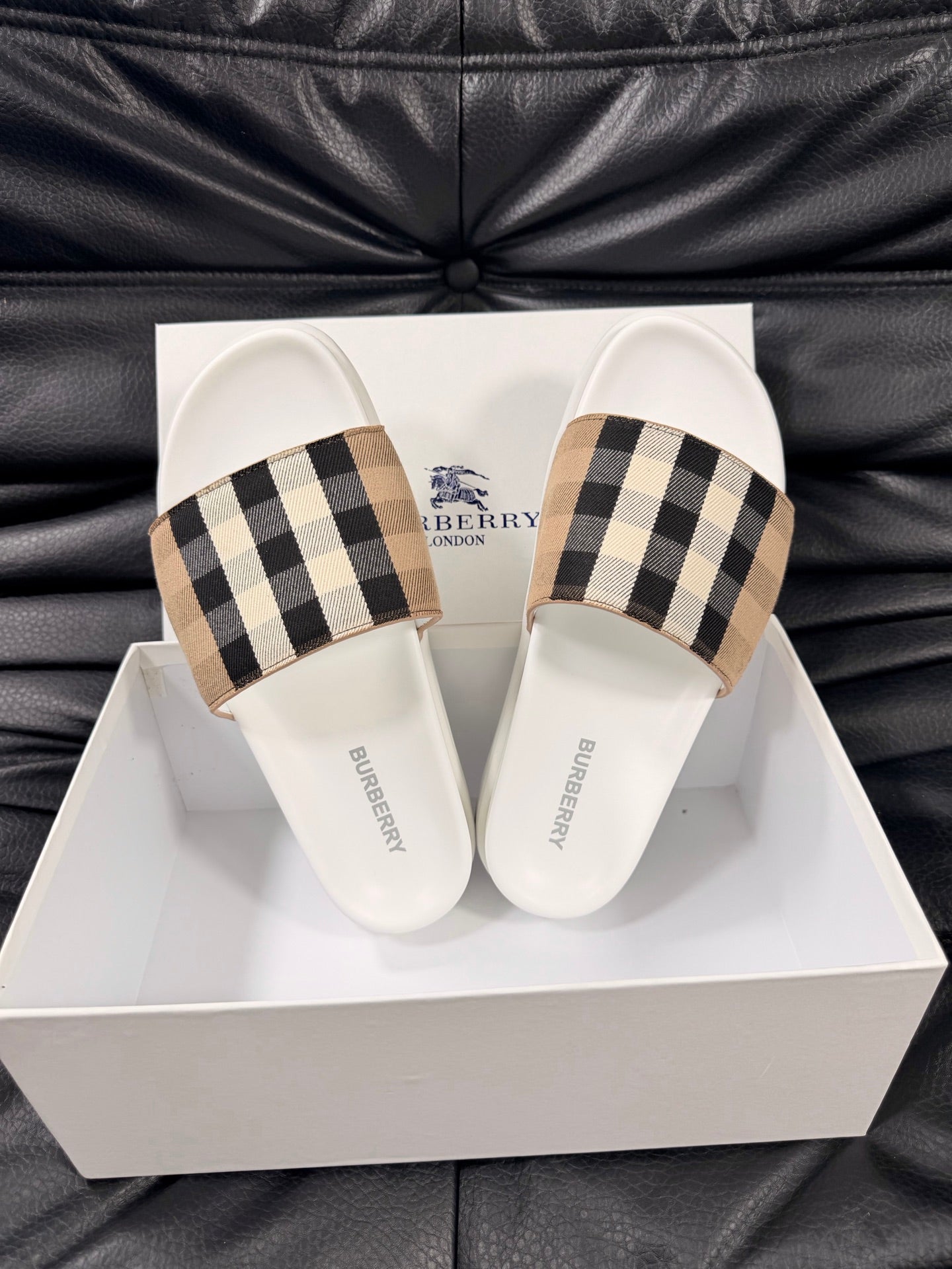 Check Strap Slide Sandals