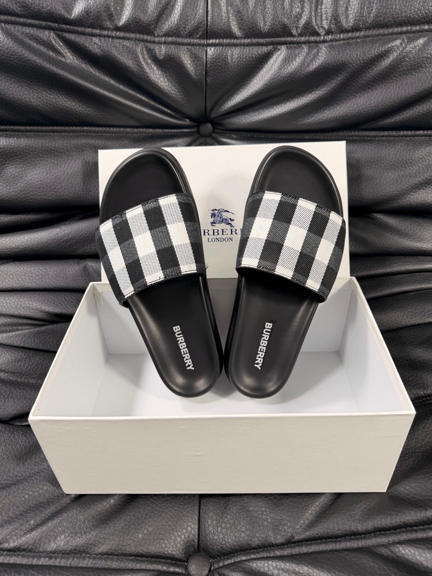 Check Strap Slide Sandals