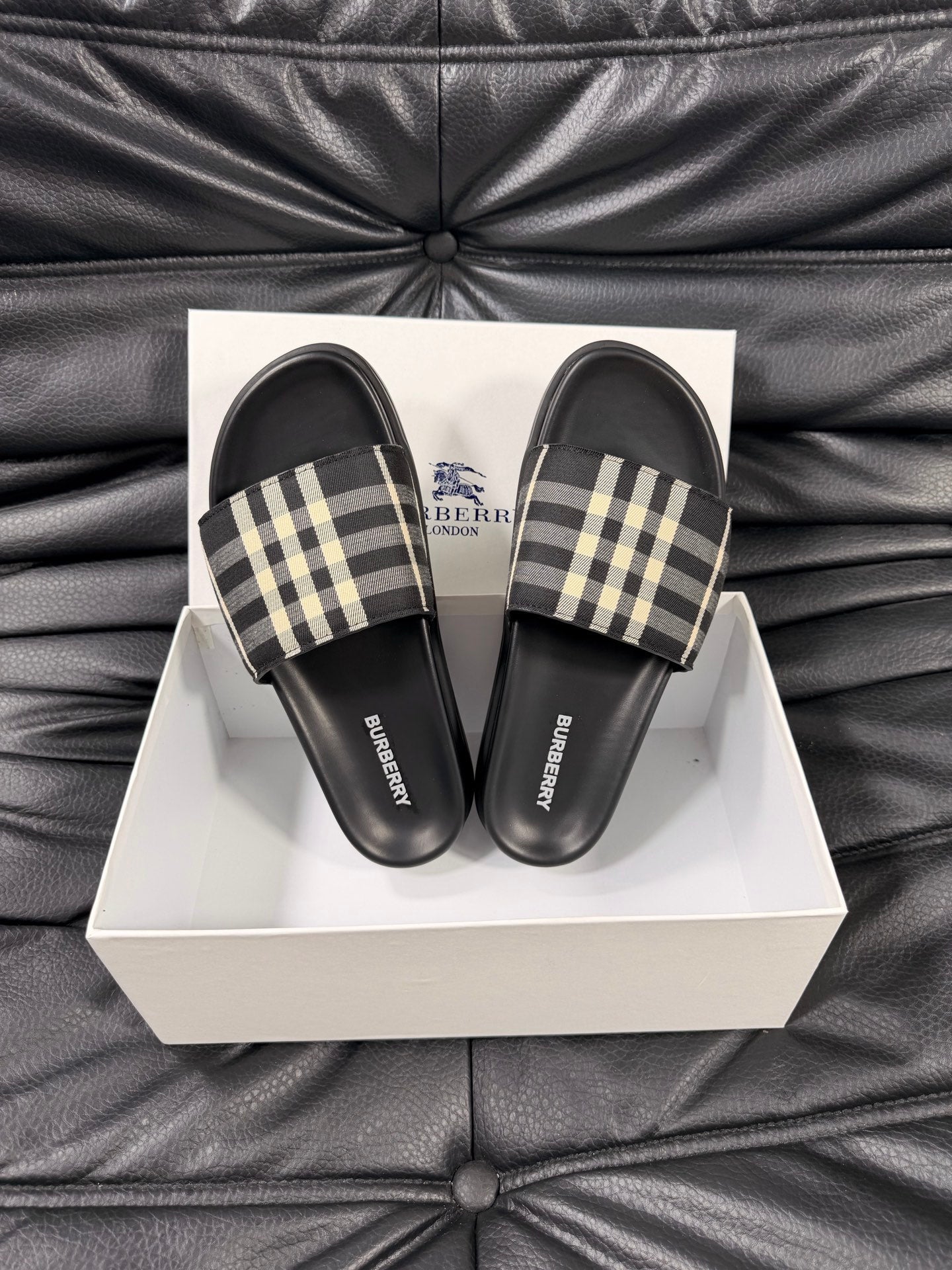 Check Strap Slide Sandals