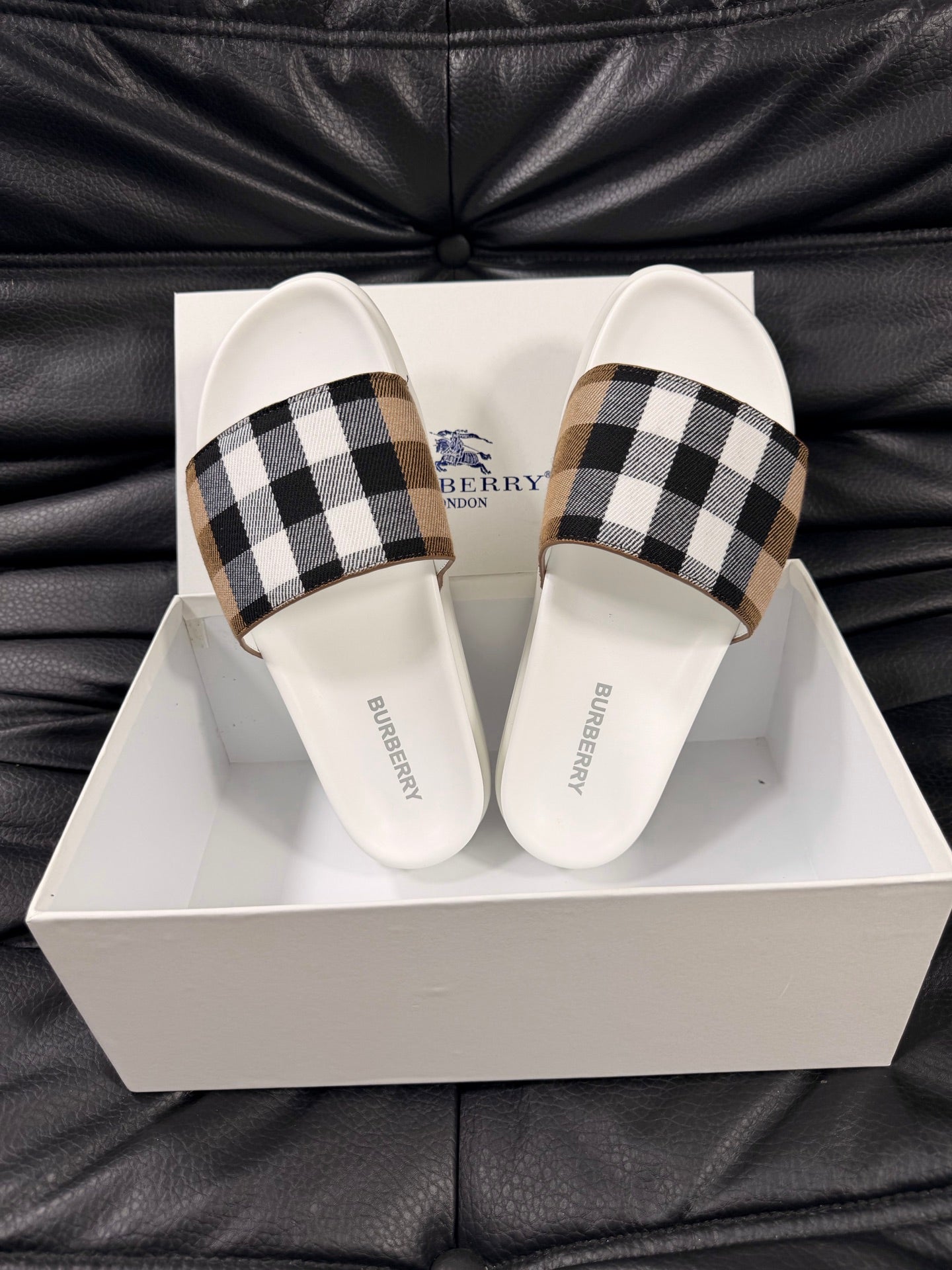 Check Strap Slide Sandals