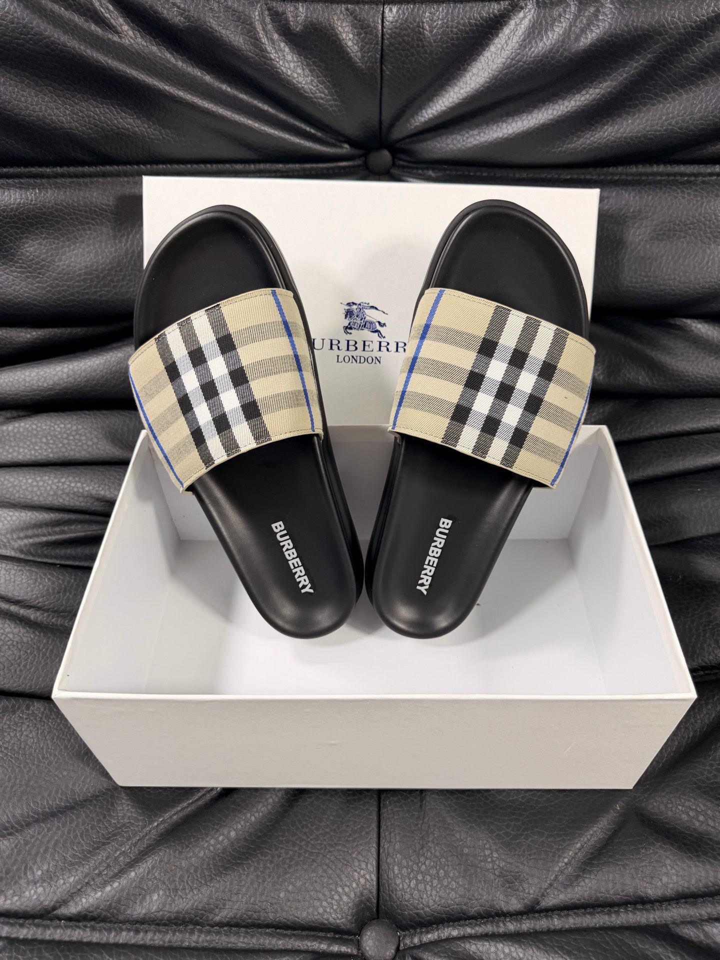 Check Strap Slide Sandals