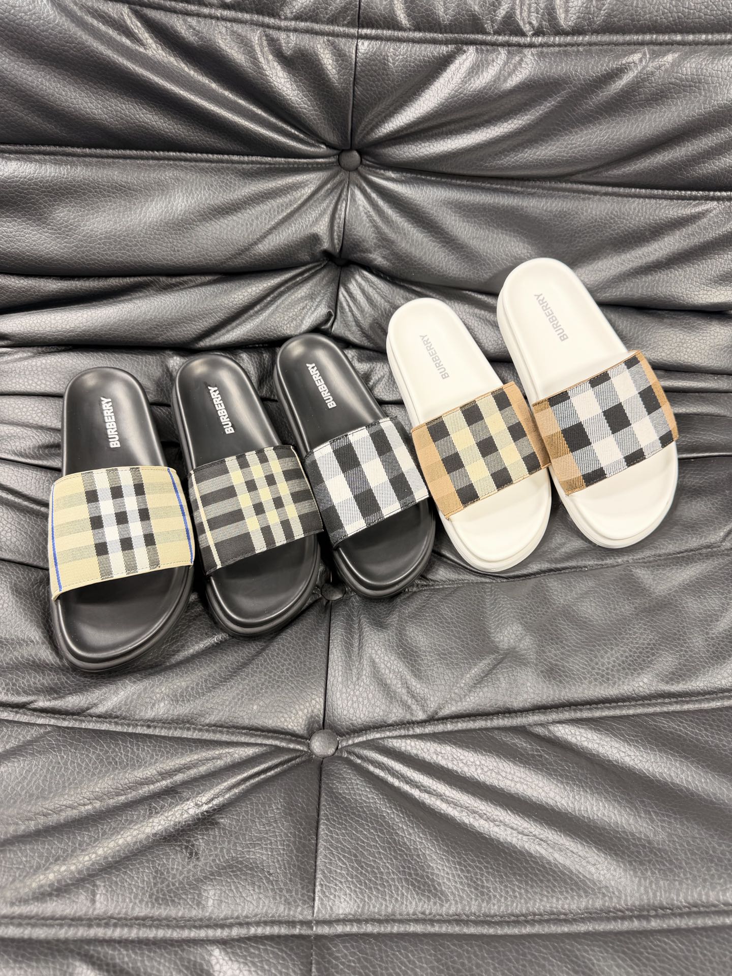 Check Strap Slide Sandals