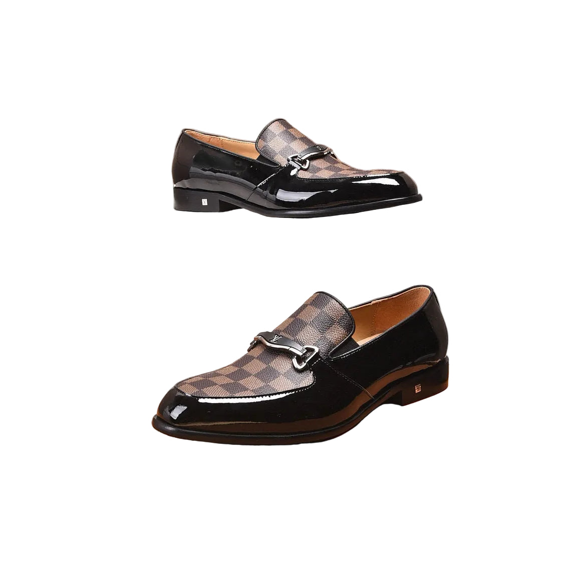 Checkered Canvas Loafers with Dark Brown Glazed Leather Trim side ,