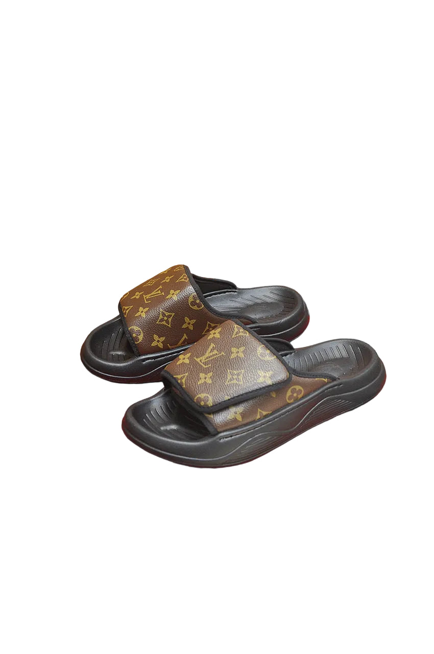 Custom Monogram-Pattern Pool Slides with Cushioned White Sole brown
