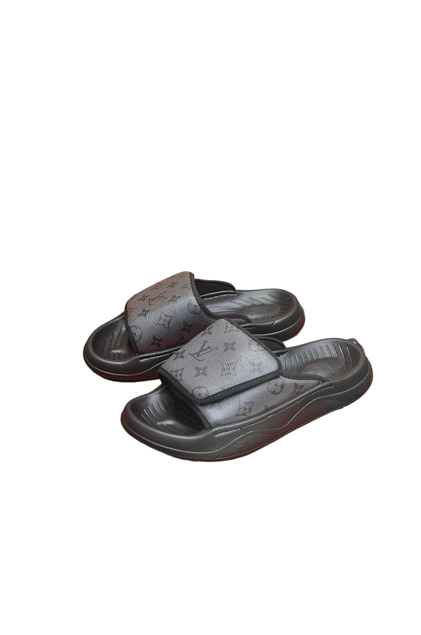 Custom Monogram-Pattern Pool Slides with Cushioned White Sole gray