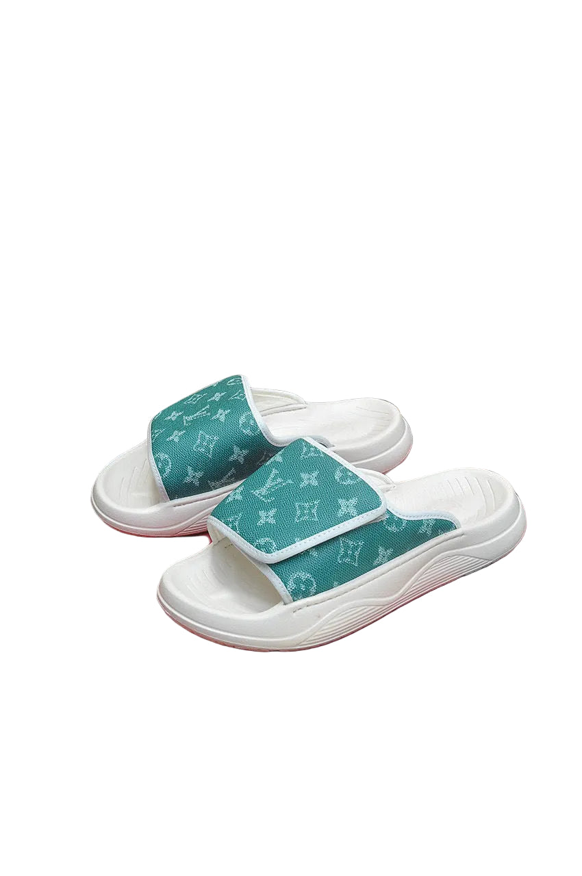Custom Monogram-Pattern Pool Slides with Cushioned White Sole green