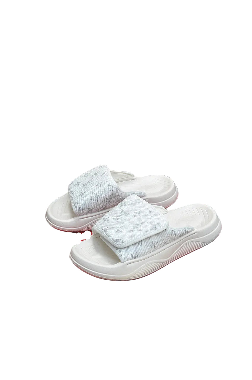 Custom Monogram-Pattern Pool Slides with Cushioned White Sole white