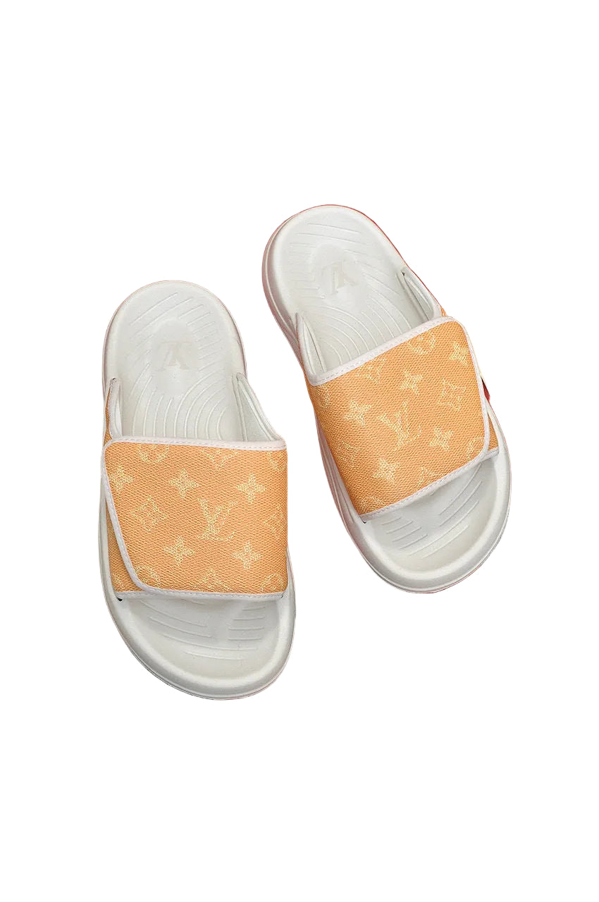 Custom Monogram-Pattern Pool Slides with Cushioned White Sole yellow