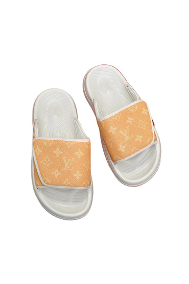 Custom Monogram-Pattern Pool Slides with Cushioned White Sole yellow