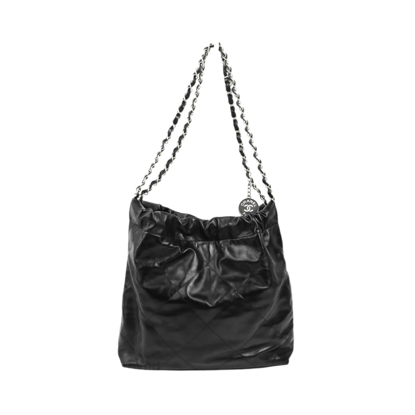 Chanel 22 Small Handbag AS3260 – Black Shiny Crumpled Calfskin with Gold/Silver  “CHANEL” Logo