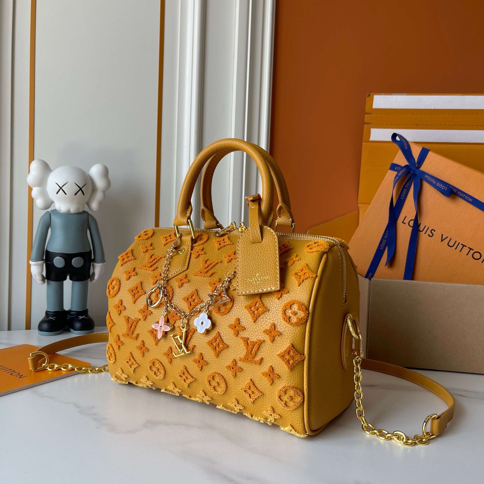 Embossed Monogram Boston Bag with Gold Chain Strap for Women