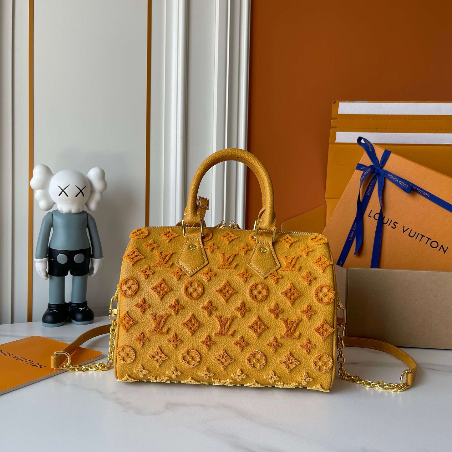 Embossed Monogram Boston Bag with Gold Chain Strap for Women