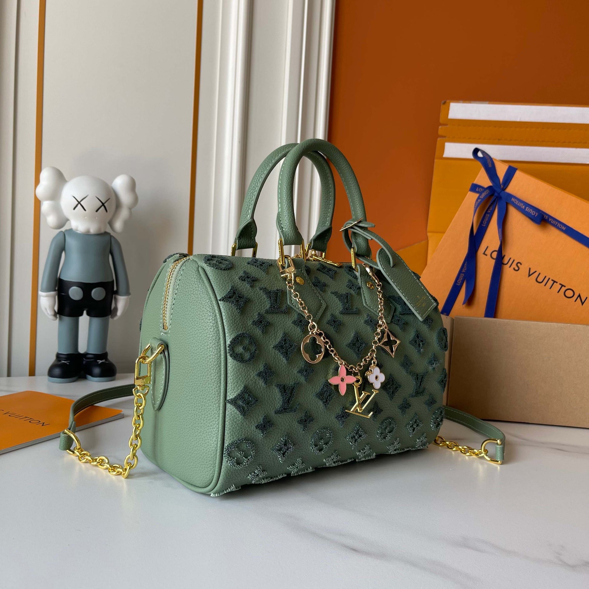 Embossed Monogram Boston Bag with Gold Chain Strap for Women