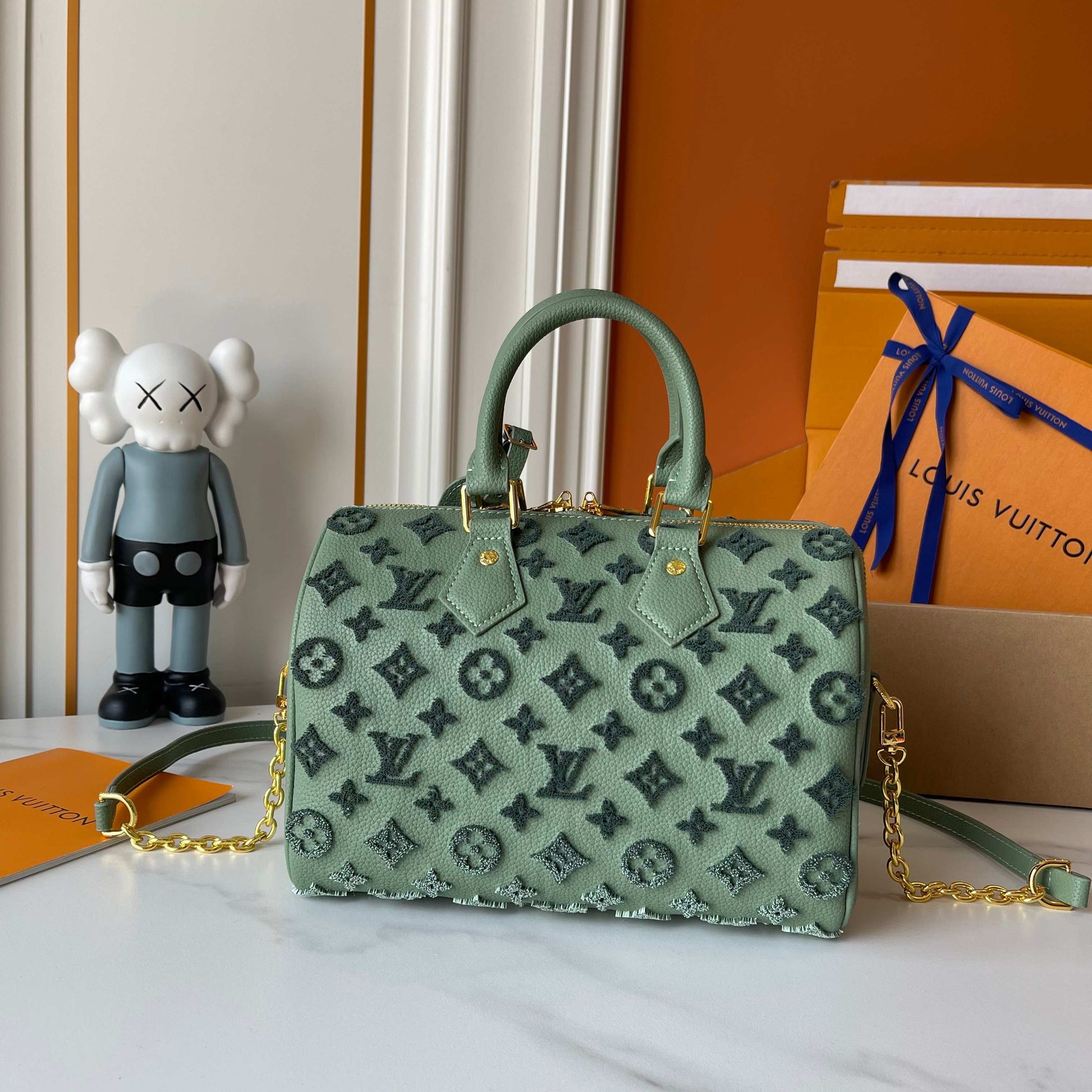 Embossed Monogram Boston Bag with Gold Chain Strap for Women