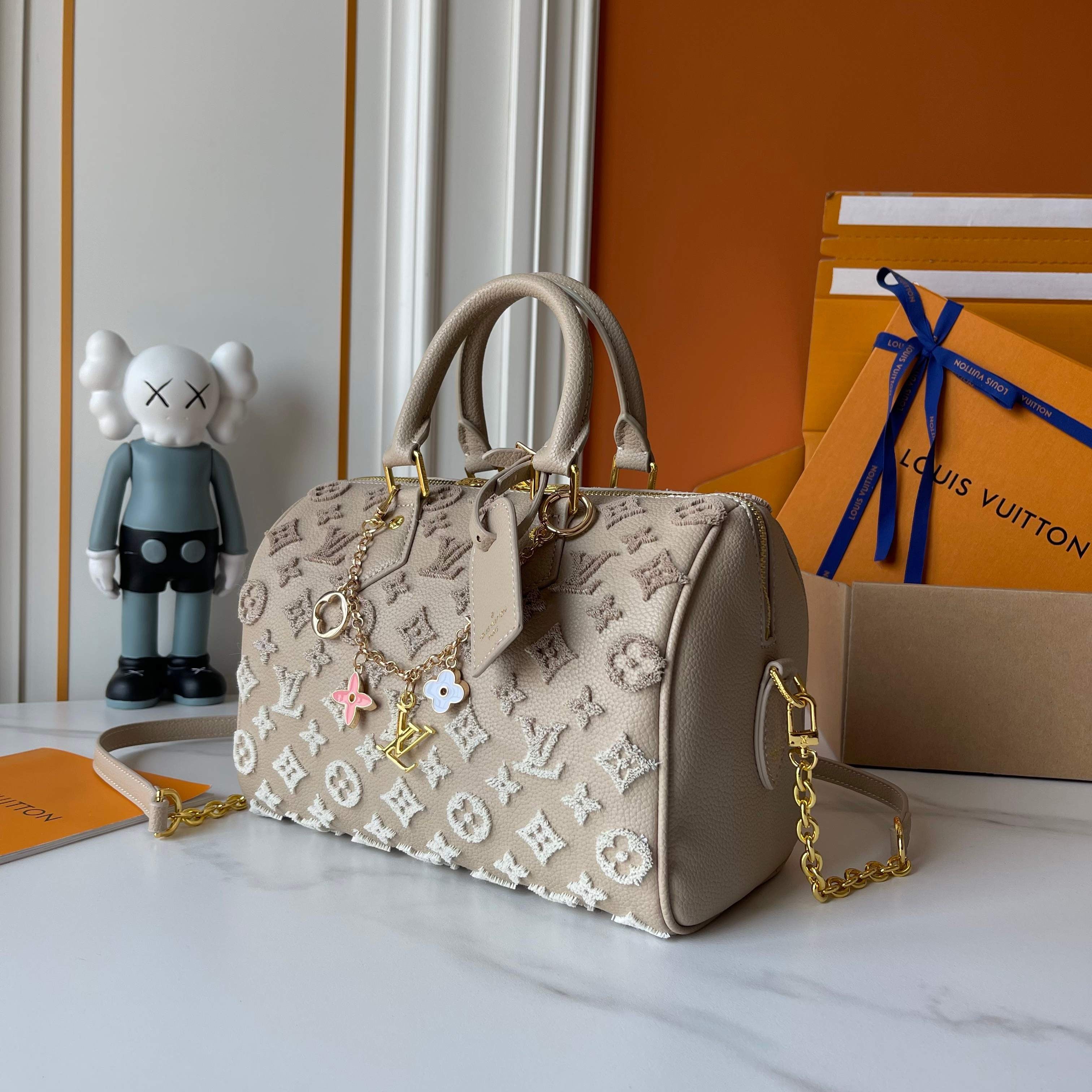 Embossed Monogram Boston Bag with Gold Chain Strap for Women