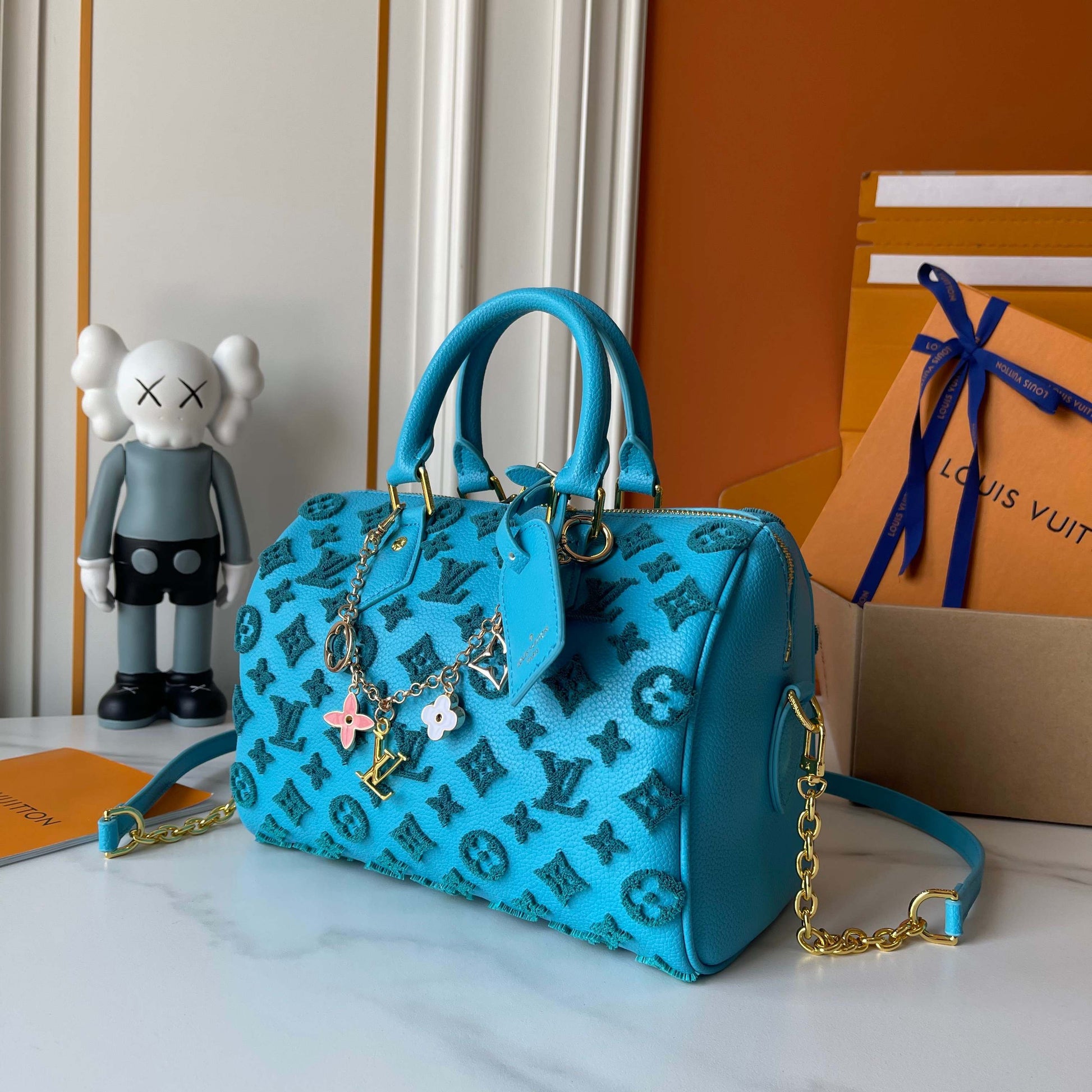Embossed Monogram Boston Bag with Gold Chain Strap for Women