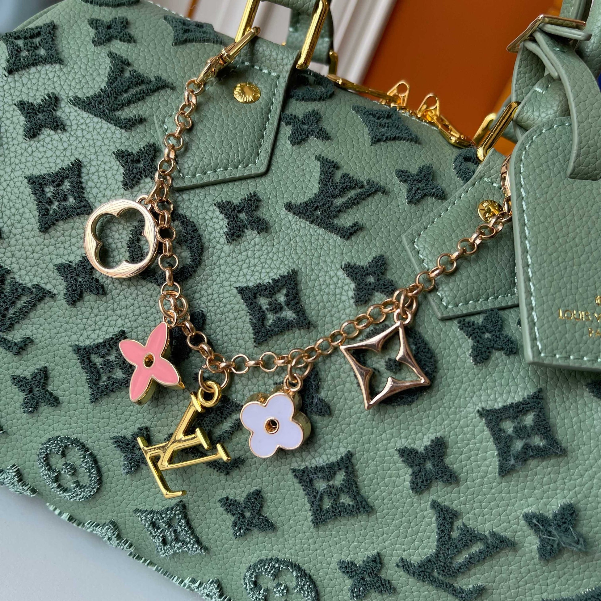 Embossed Monogram Boston Bag with Gold Chain Strap for Women