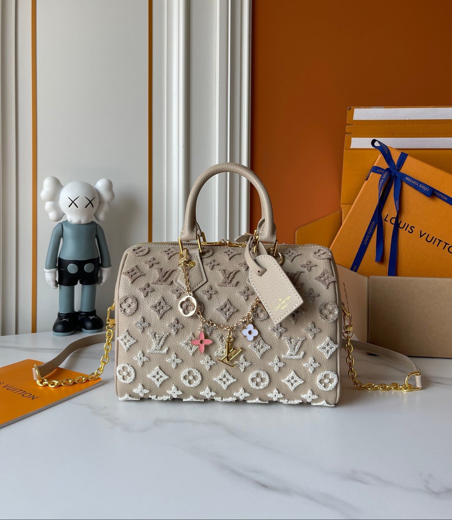 Embossed Monogram Boston Bag with Gold Chain Strap for Women