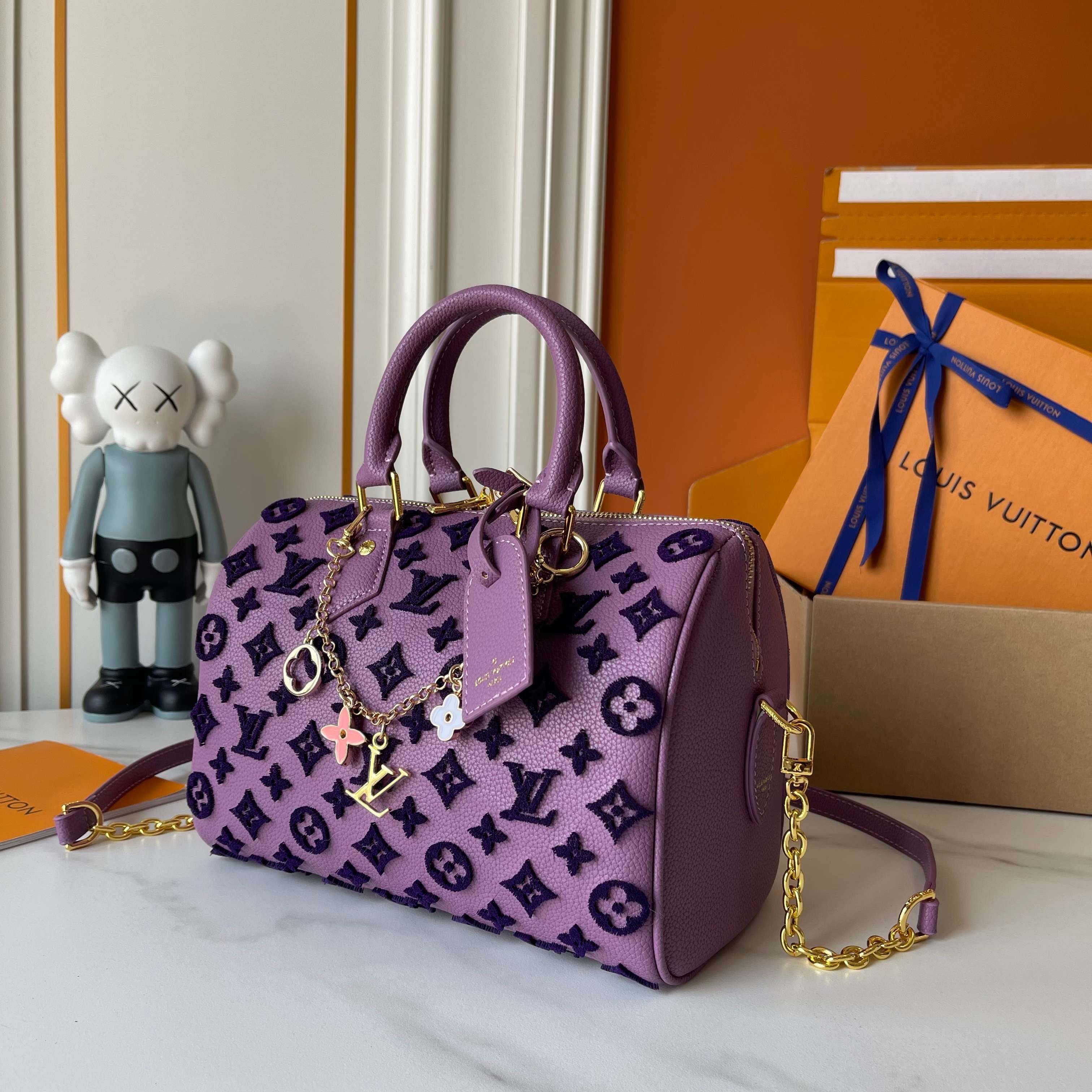 Embossed Monogram Boston Bag with Gold Chain Strap for Women