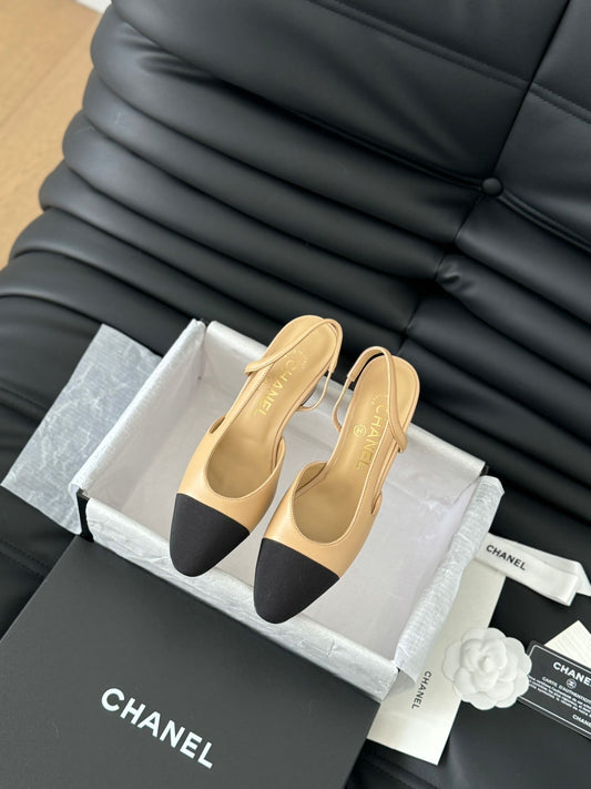 Goatskin & Grosgrain Cap-Toe Slingback Pumps – Beige & Black