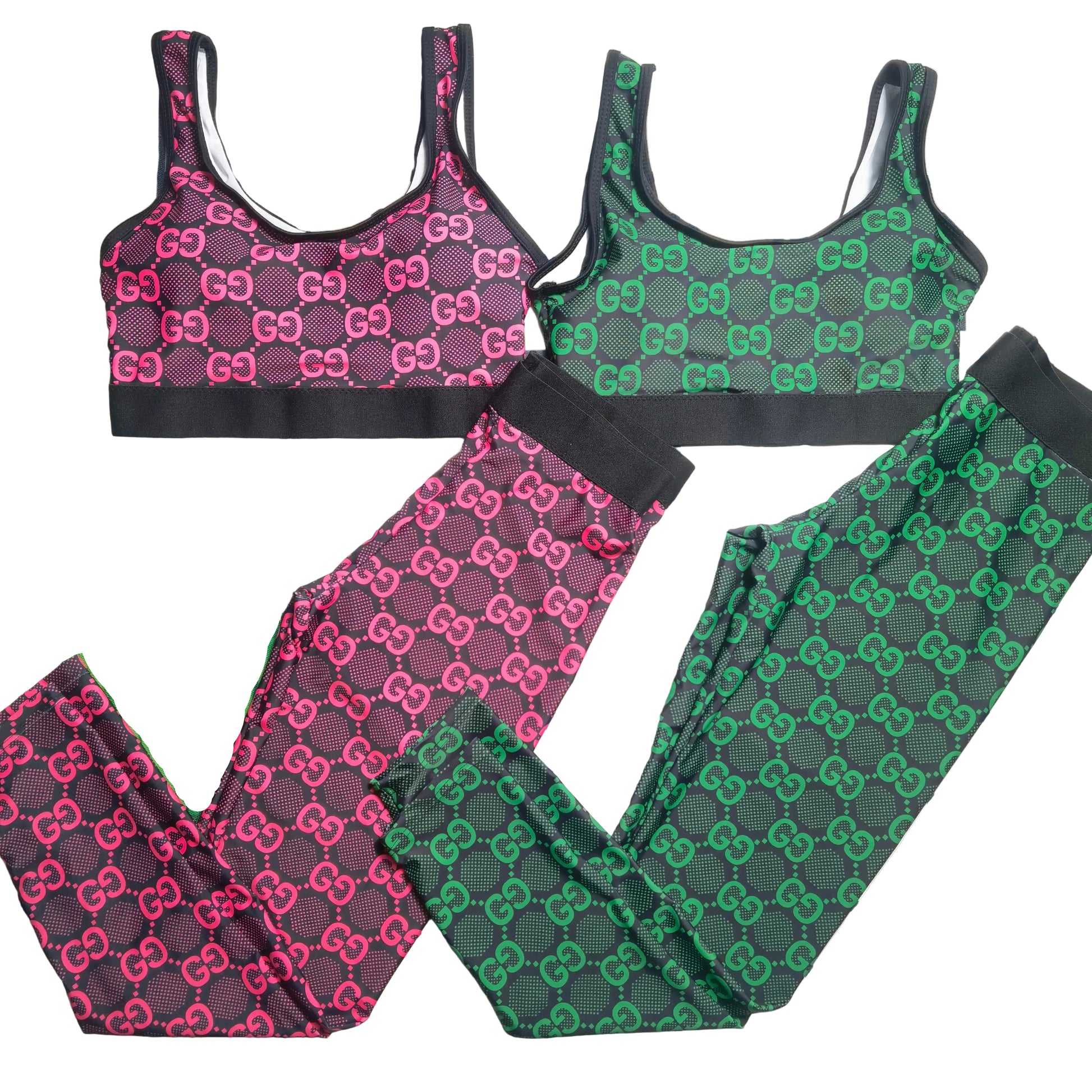 Green & Pink Monogram Print 2-Piece Activewear Set