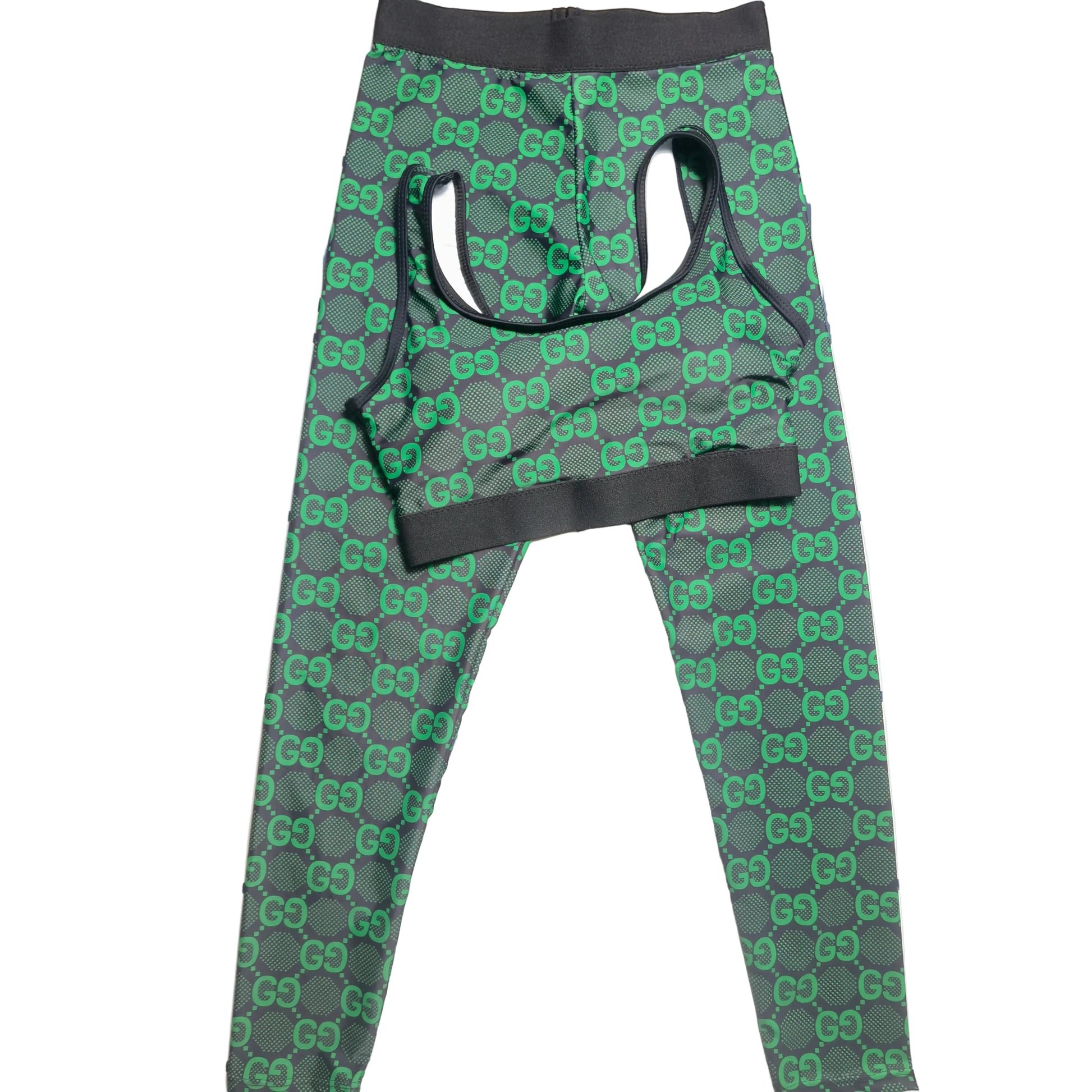 Green & Pink Monogram Print 2-Piece Activewear Set g front