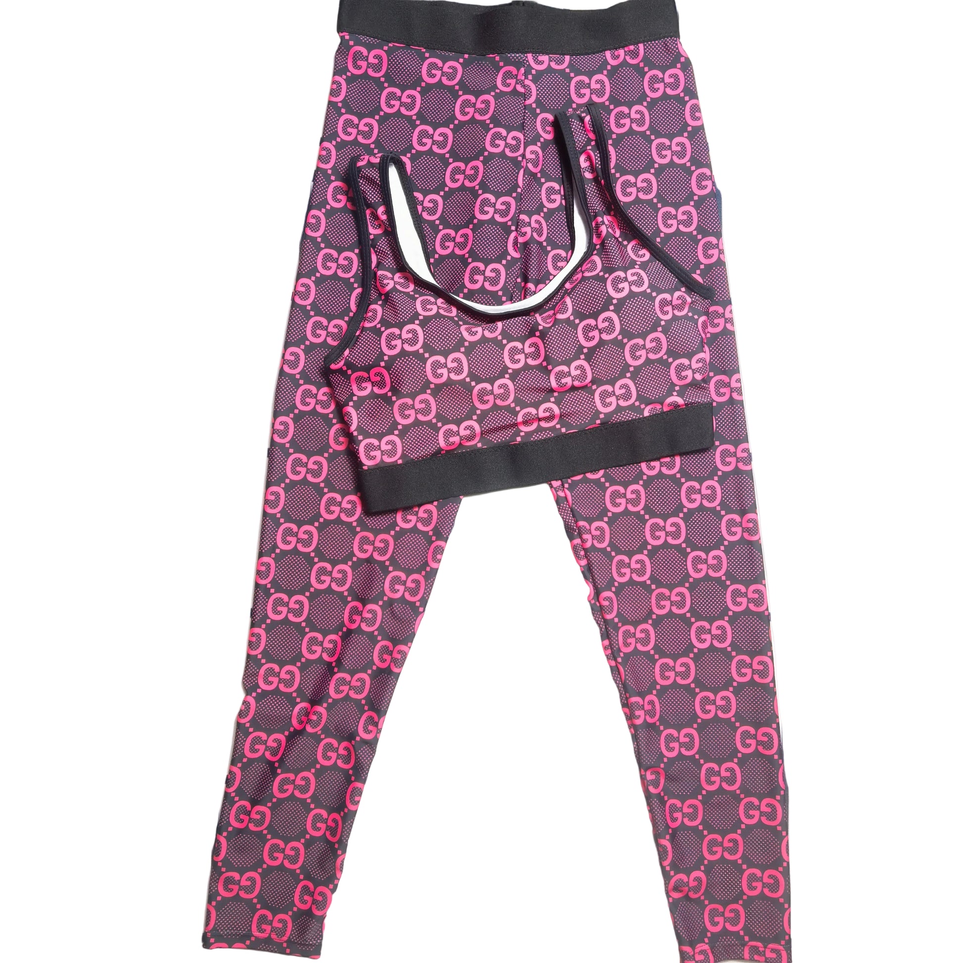 Green & Pink Monogram Print 2-Piece Activewear Set pink front