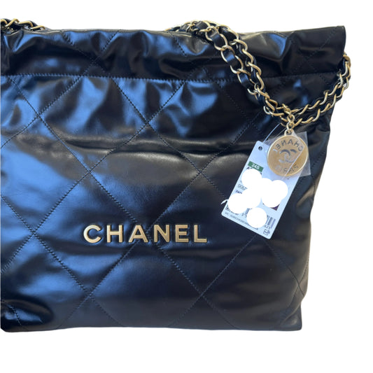 Chanel 22 Small Handbag AS3260 – Black Shiny Crumpled Calfskin with Gold/Silver  “CHANEL” Logo
