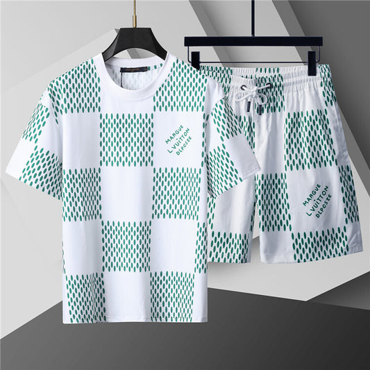 Jacquard Short-Sleeve Crewneck T-Shirt & Lined Shorts Set – Green & White