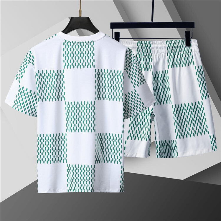 Jacquard Short-Sleeve Crewneck T-Shirt & Lined Shorts Set – Green & White back