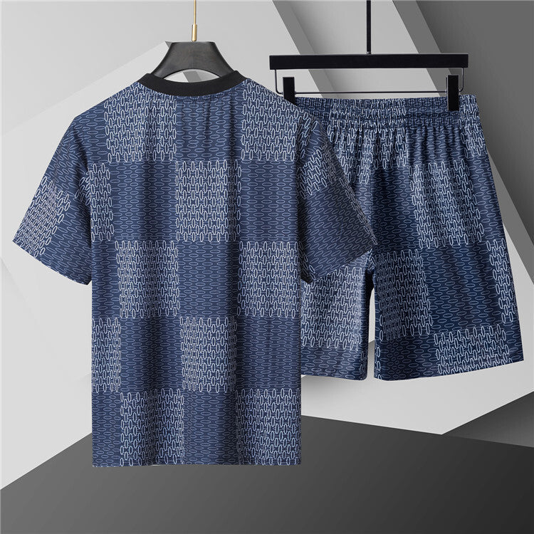 Jacquard Short-Sleeve Crewneck T-Shirt & Lined Shorts Set ack blue
