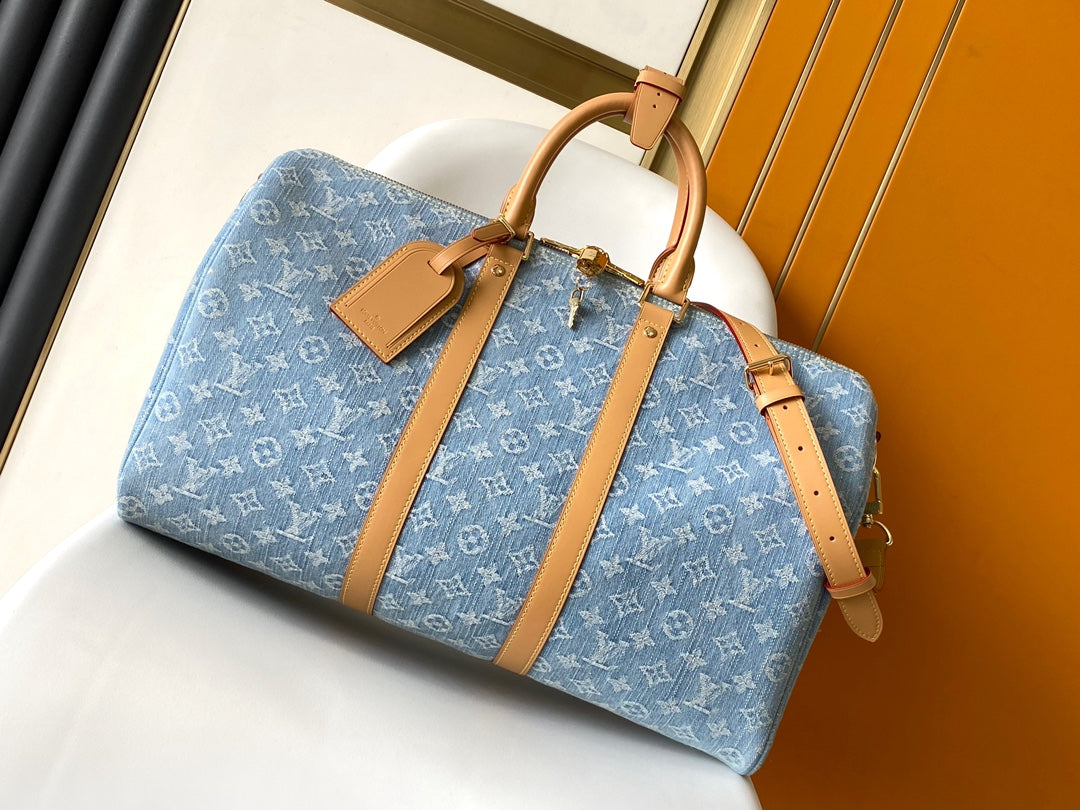 Keepall Bandouliere 45 Sky Blue Denim – Adjustable Shoulder Strap