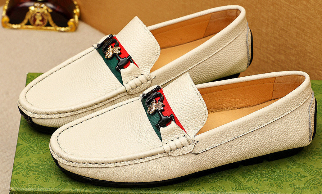 Leather Loafers with Metal Bit Detail and Signature Stripe Accent cream