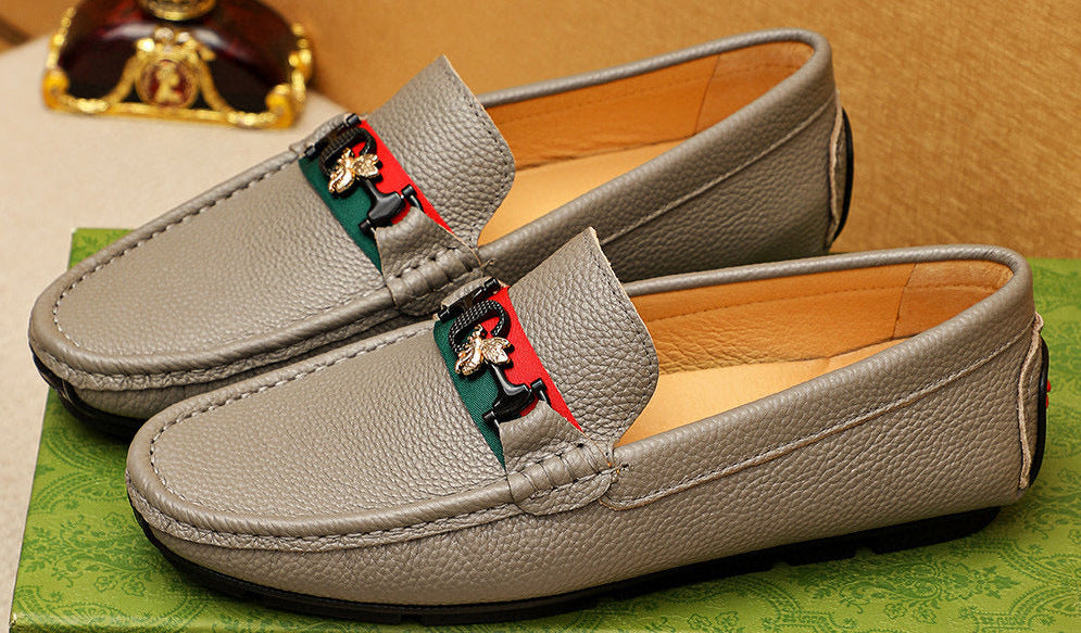 Leather Loafers with Metal Bit Detail and Signature Stripe Accent grayu