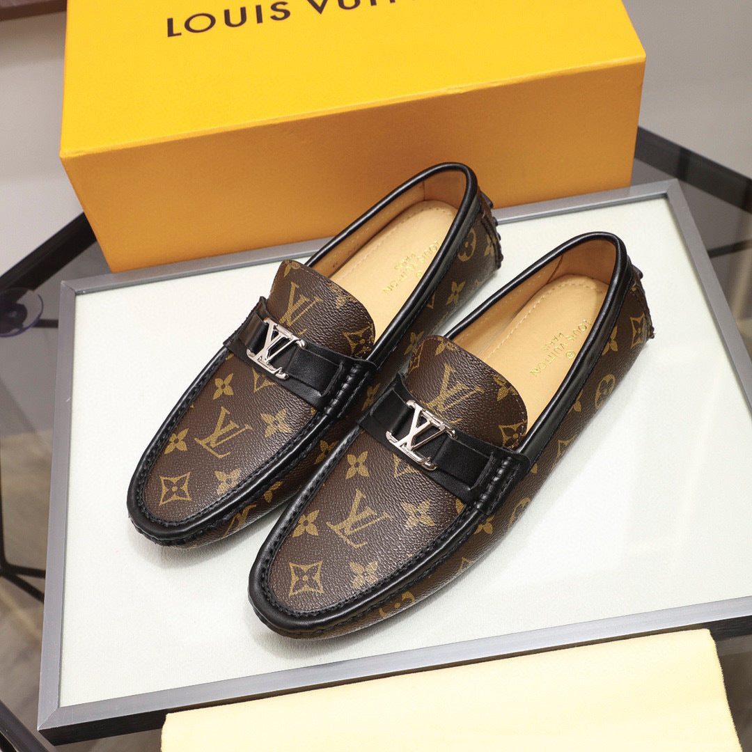 Luxury Monogram Pattern Slip-On Loafers – Metal Accent, Classic Moccasin Design
