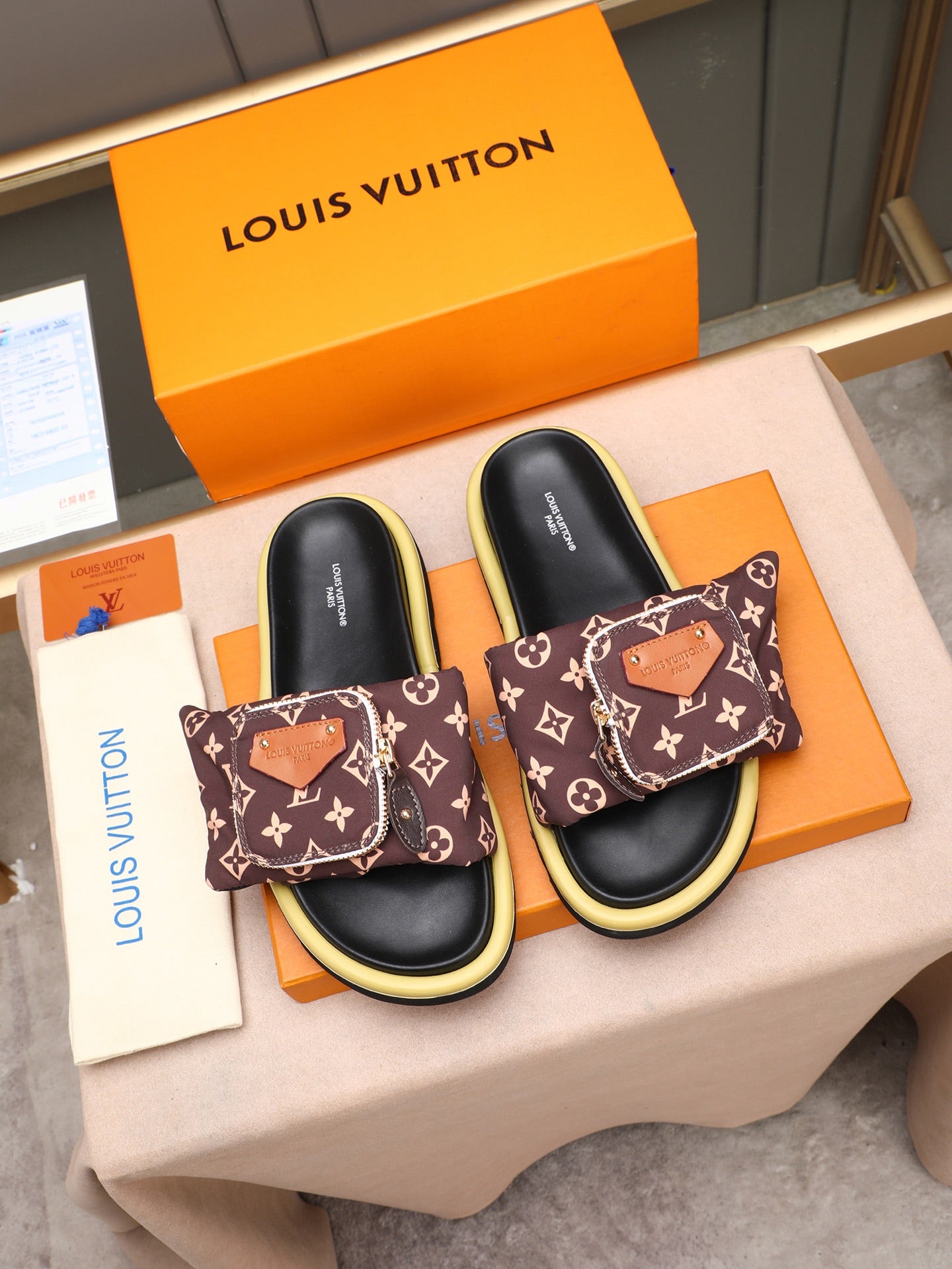 Monogram Pouch Strap Slide Sandals