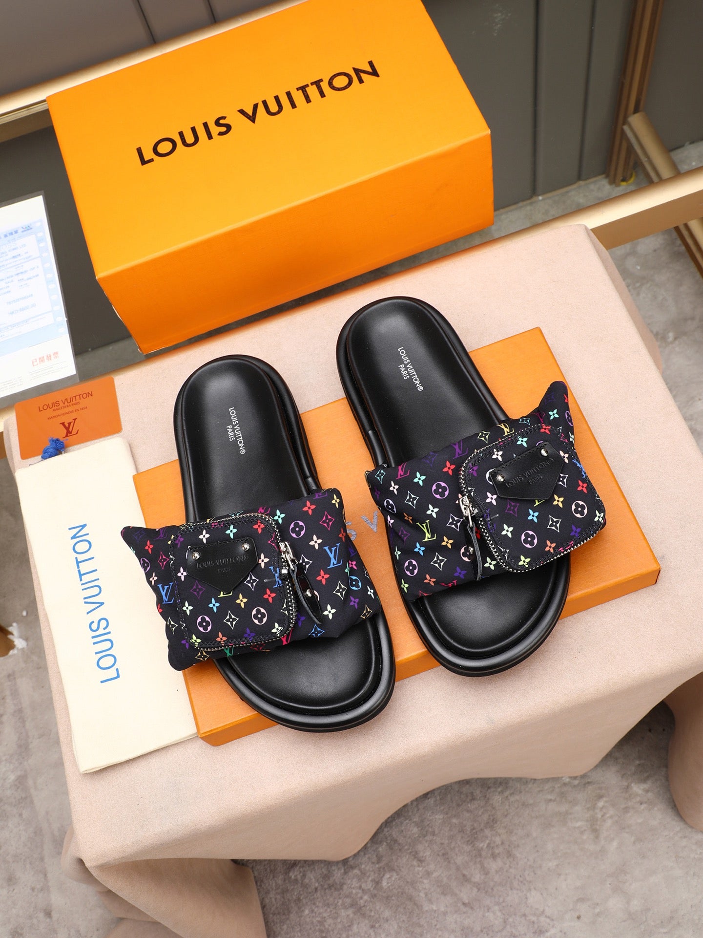 Monogram Pouch Strap Slide Sandals