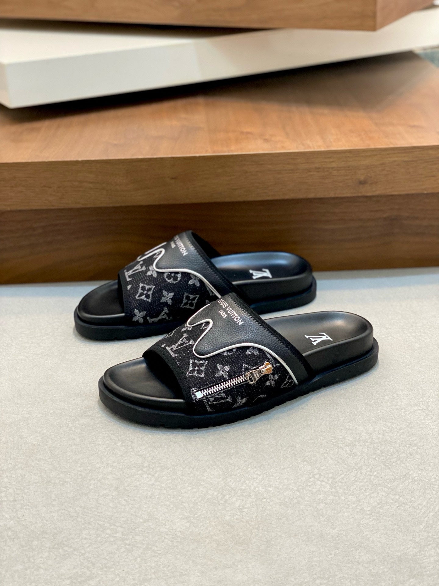 Monogram Slide Sandals – Black Casual Slip-On Slides