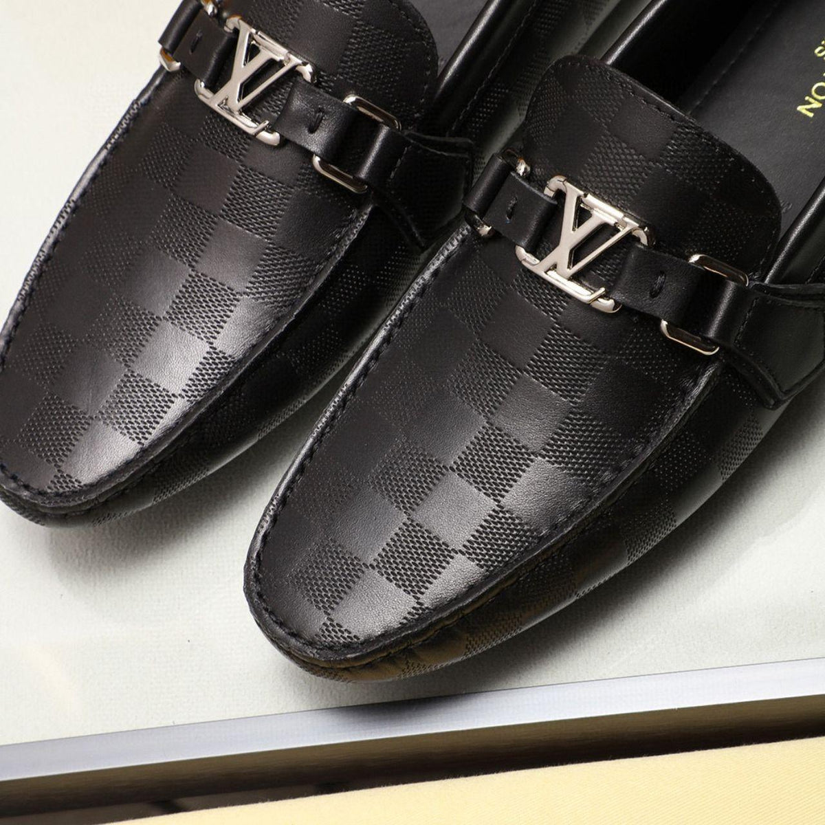 Black Checkered Metal Accent Loafers – Men's Slip-On Dress Shoes