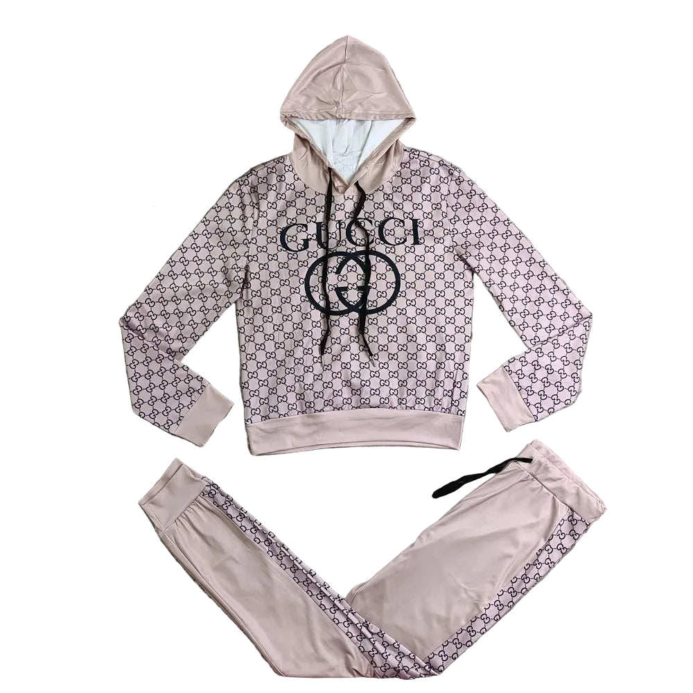 Pink Designer-Inspired 2-Piece Hooded Tracksuit Set with Monogram Pattern