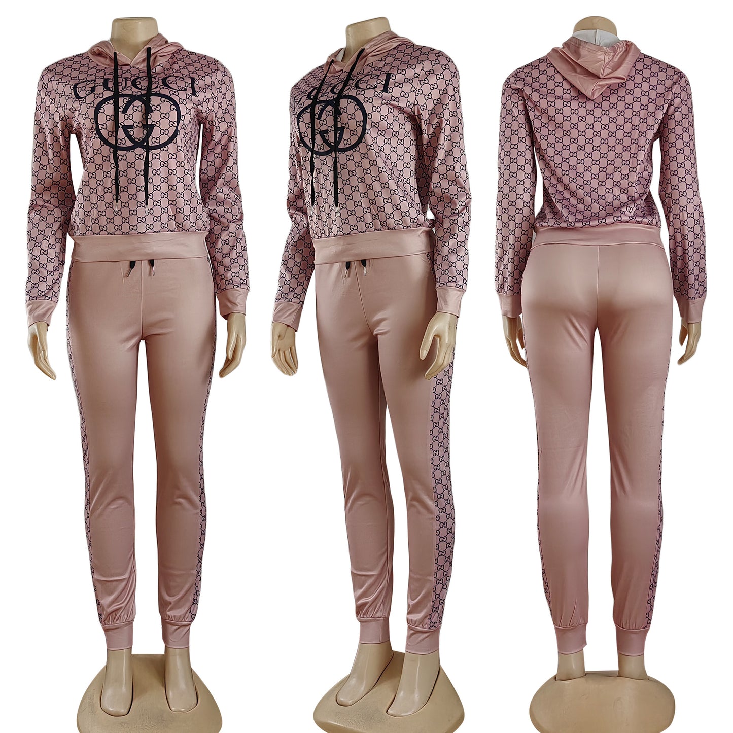 Pink Designer-Inspired 2-Piece Hooded Tracksuit Set with Monogram Pattern f/b
