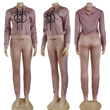 Pink Designer-Inspired 2-Piece Hooded Tracksuit Set with Monogram Pattern f/b