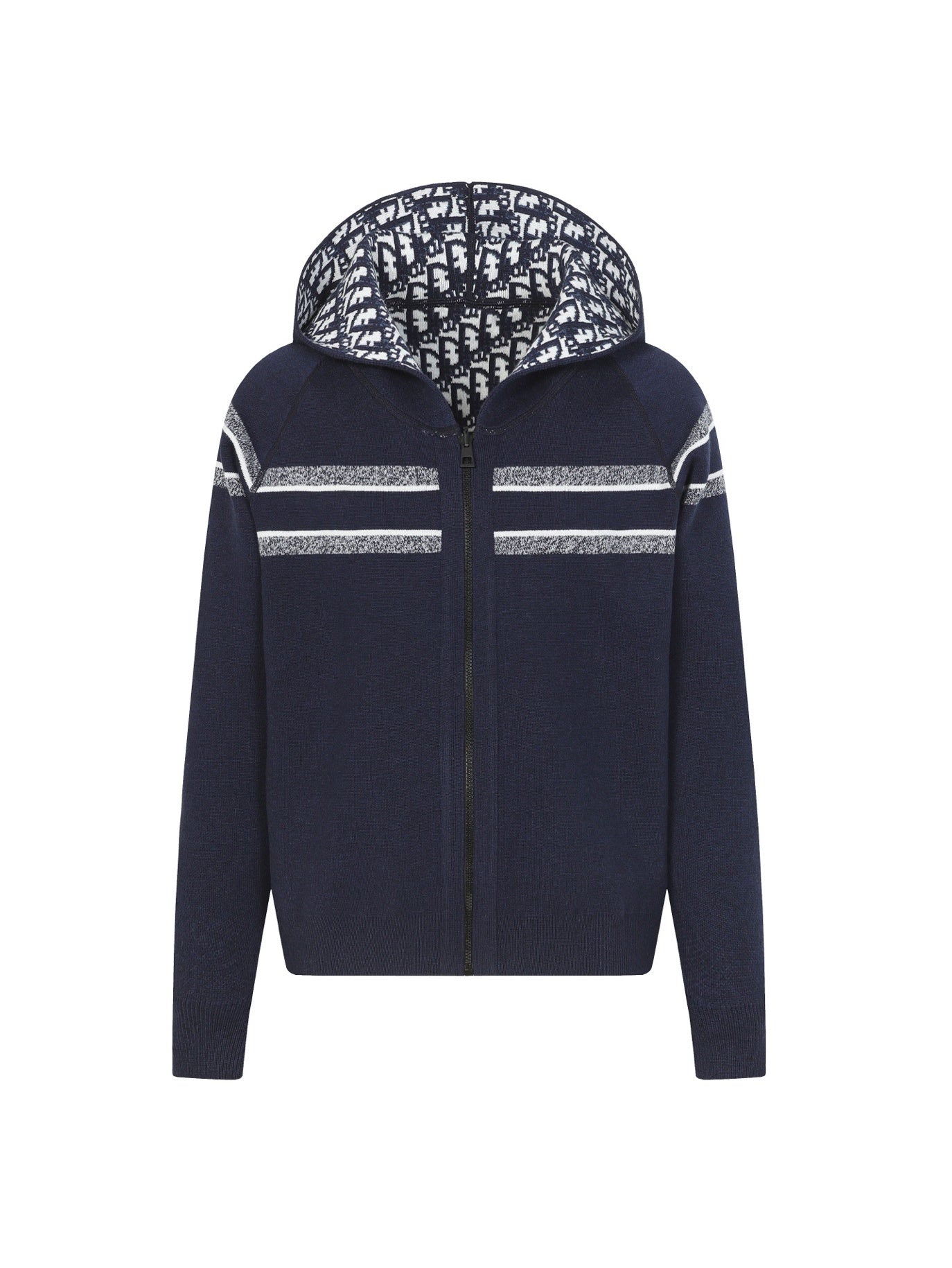 Reversible Blue Cashmere-Blend Hooded Zip Cardigan with Geometric Pattern - TruVybe Essentials