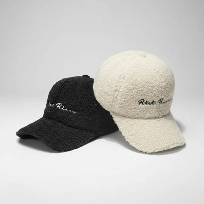 Lamb Wool Baseball Cap — Korean Style Plush Winter Sun Hat for Women