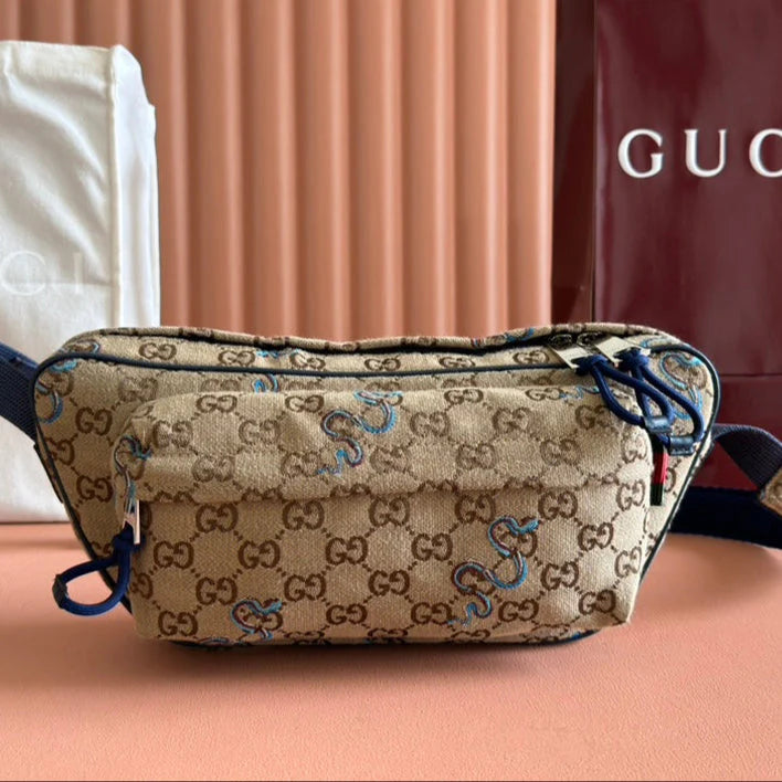 Snake Print Bag Beige mix Blue Canvas