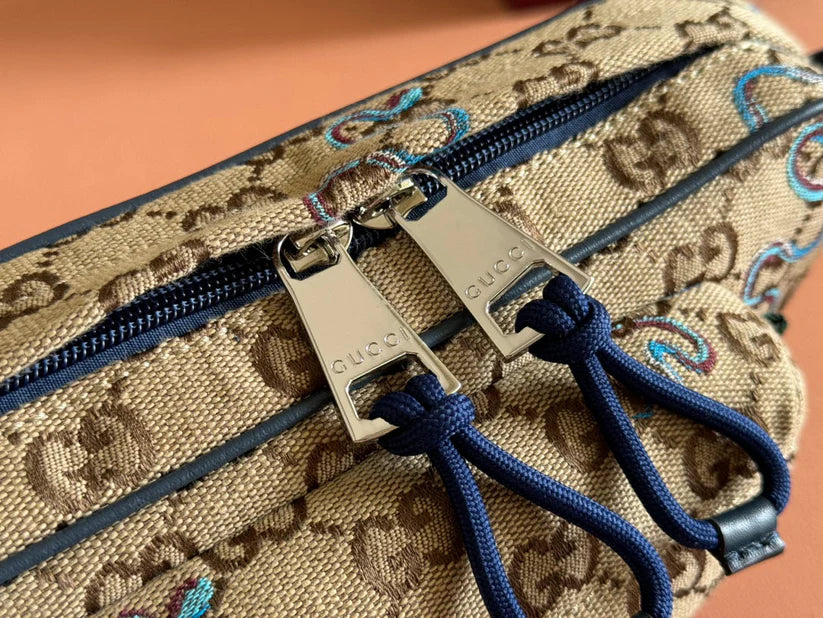 Snake Print Bag Beige mix Blue Canvas