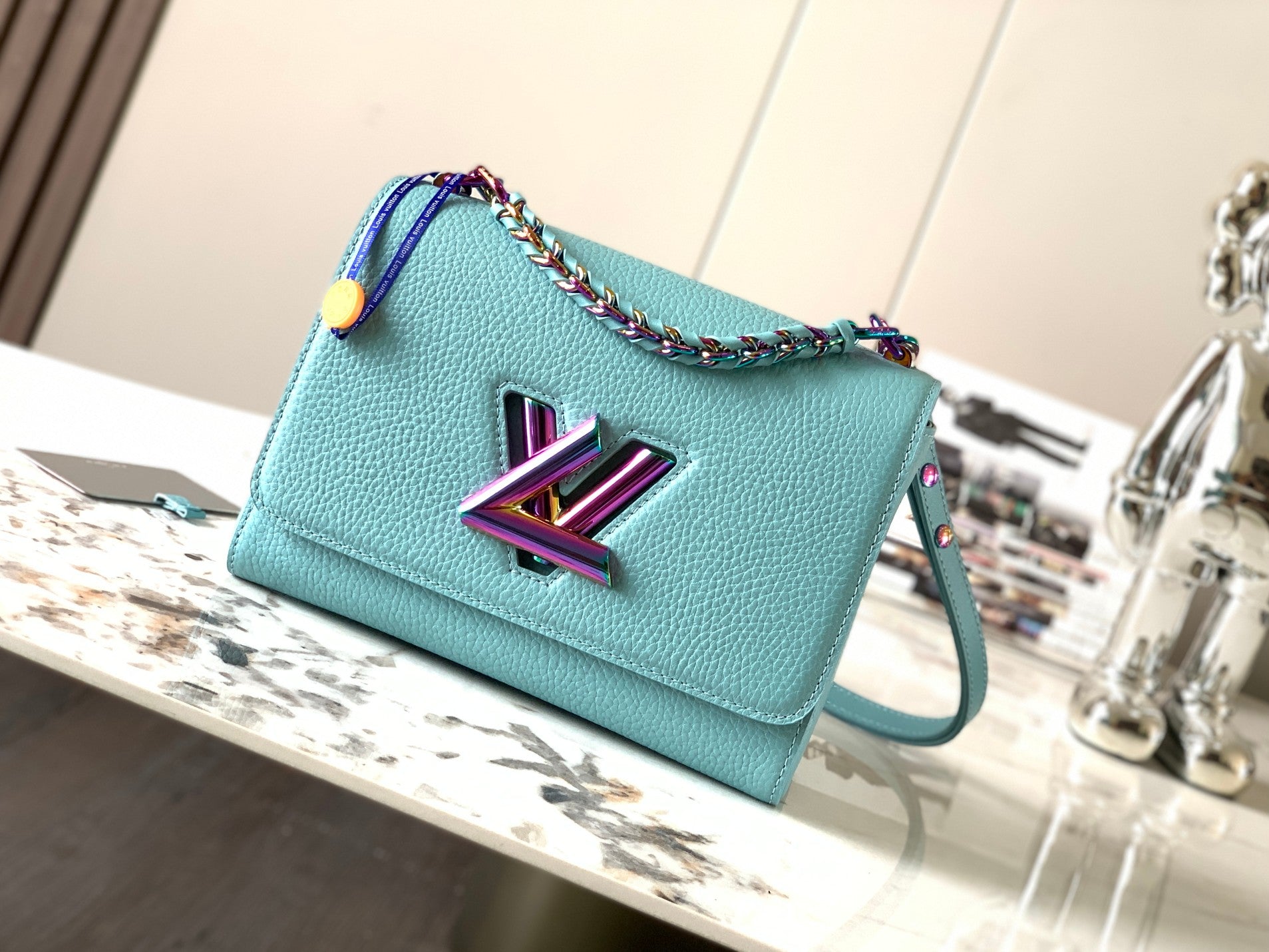 Summer Splash Twist MM bag  iridescent blue grained calfskin leather