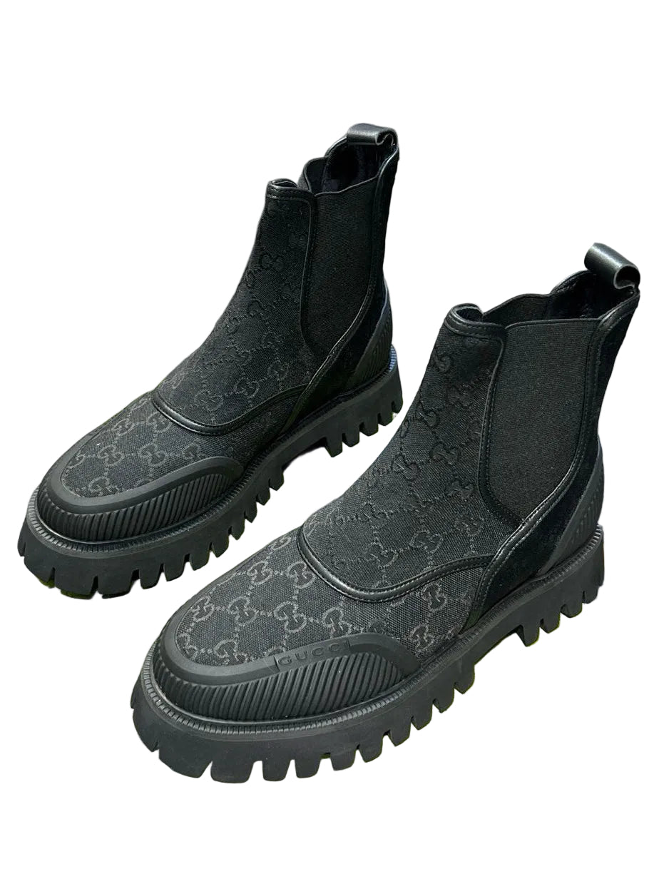 Triple-Black Jacquard Canvas Ankle Boots with Tonal Pattern side